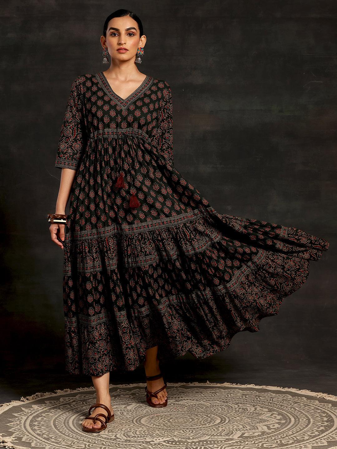 Green Printed Cotton A-Line Dress - Jashvi