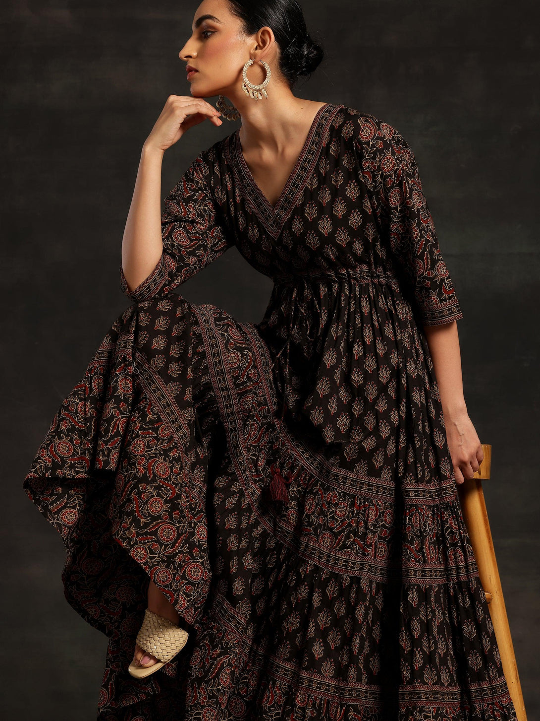 Black Printed Cotton A-Line Dress - Jashvi