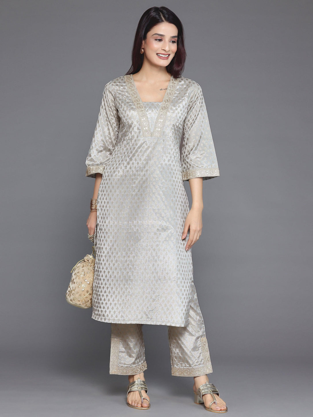 Grey Printed Silk Blend Straight Kurta Set - Jashvi