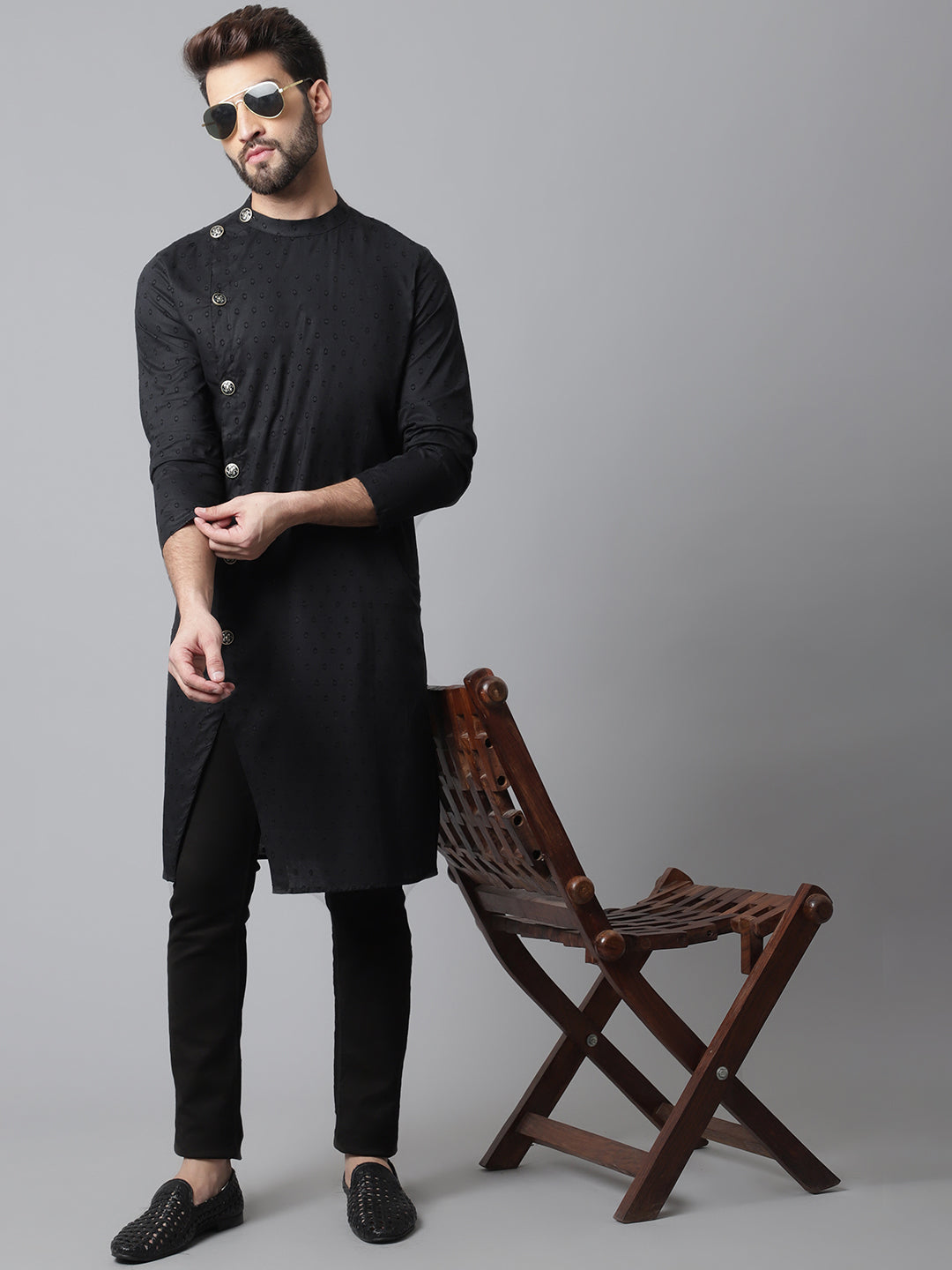 Men's Black Sherwani Kurta With Asymetrical Cut - Even Apparels