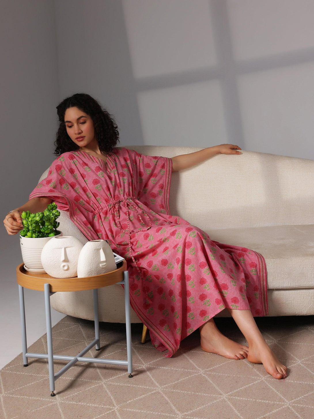 Pink Printed Cotton Kaftan Night Dress - Jashvi