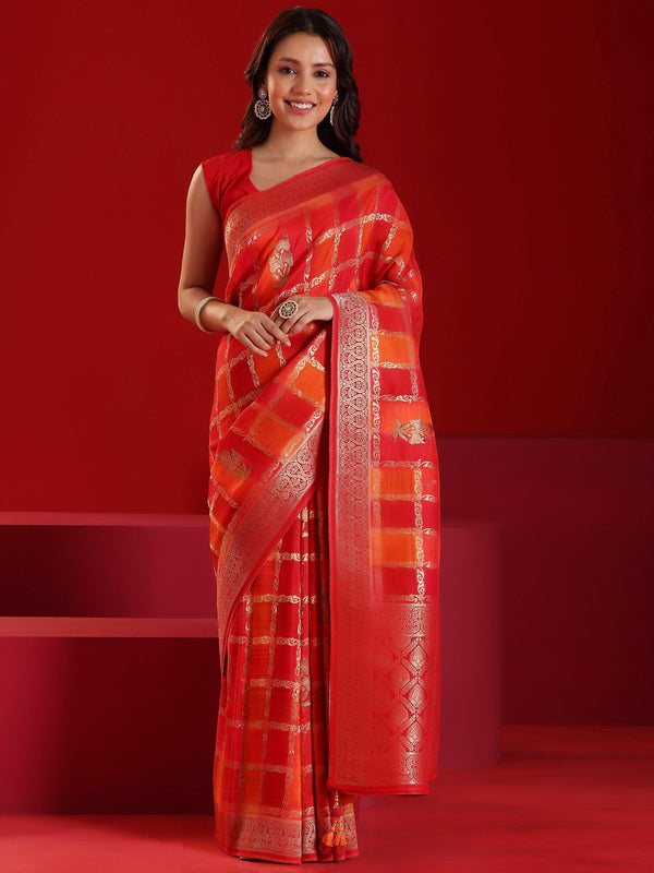 Jashvi Orange Woven Design Satin Saree With Unstitched  Blouse Piece