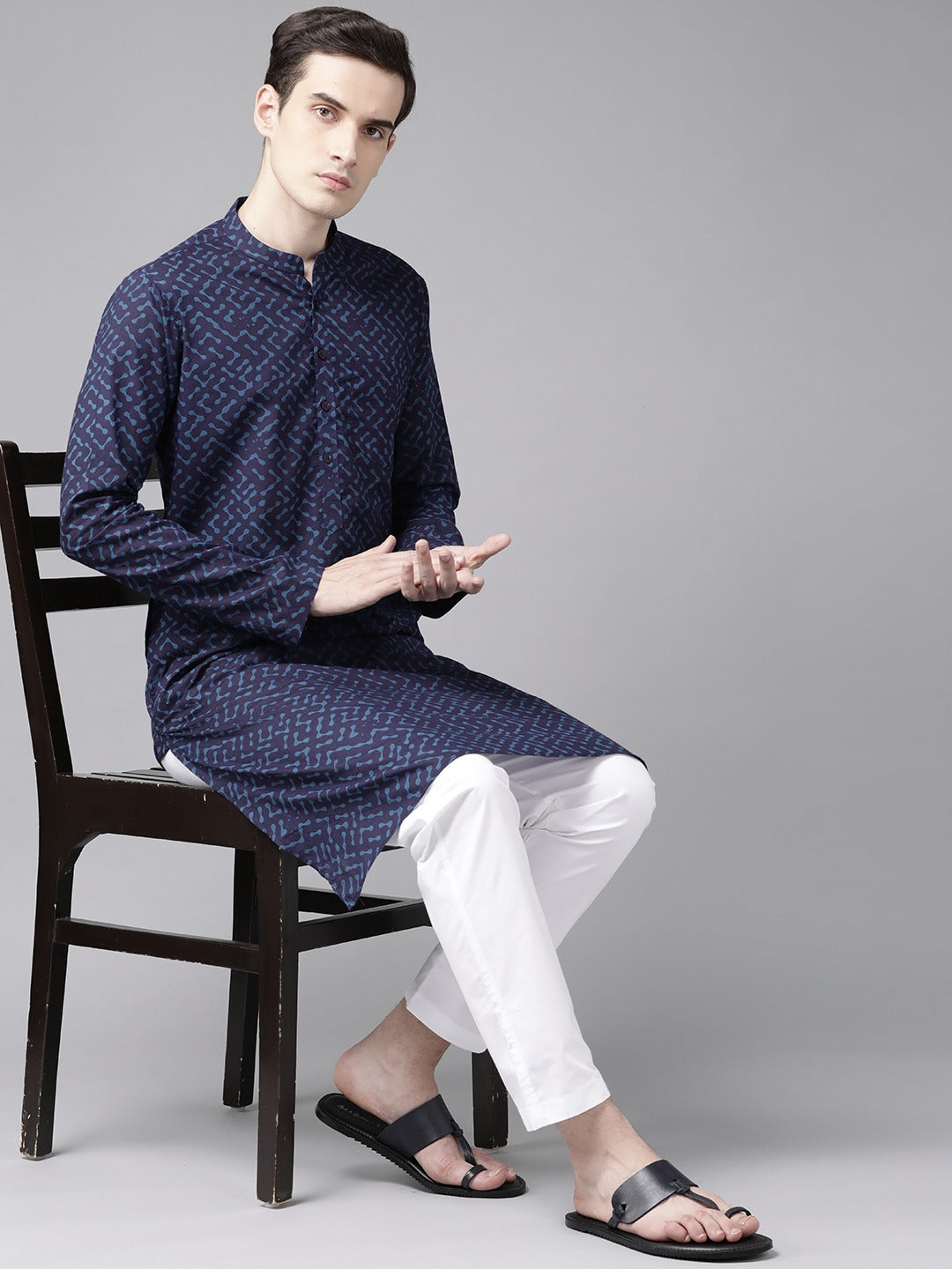 Men's Blue Printed Straight Kurta With Pyjama - See Designs