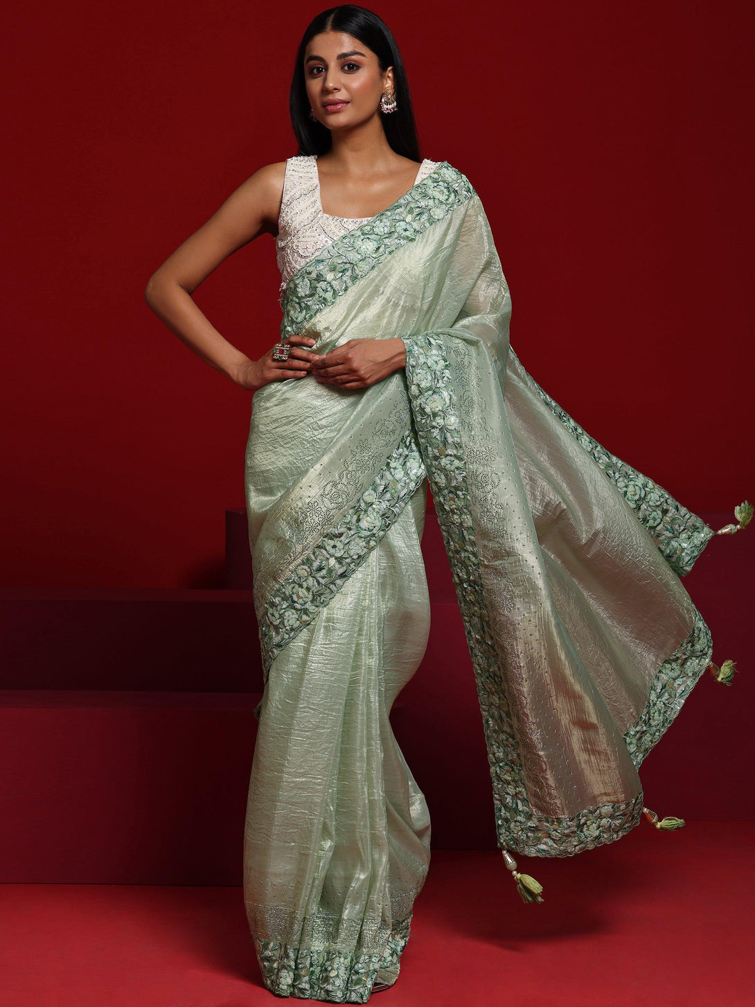 Jashvi Art Green Embellished Tissue Saree With Unstitched Blouse Piece - Jashvi