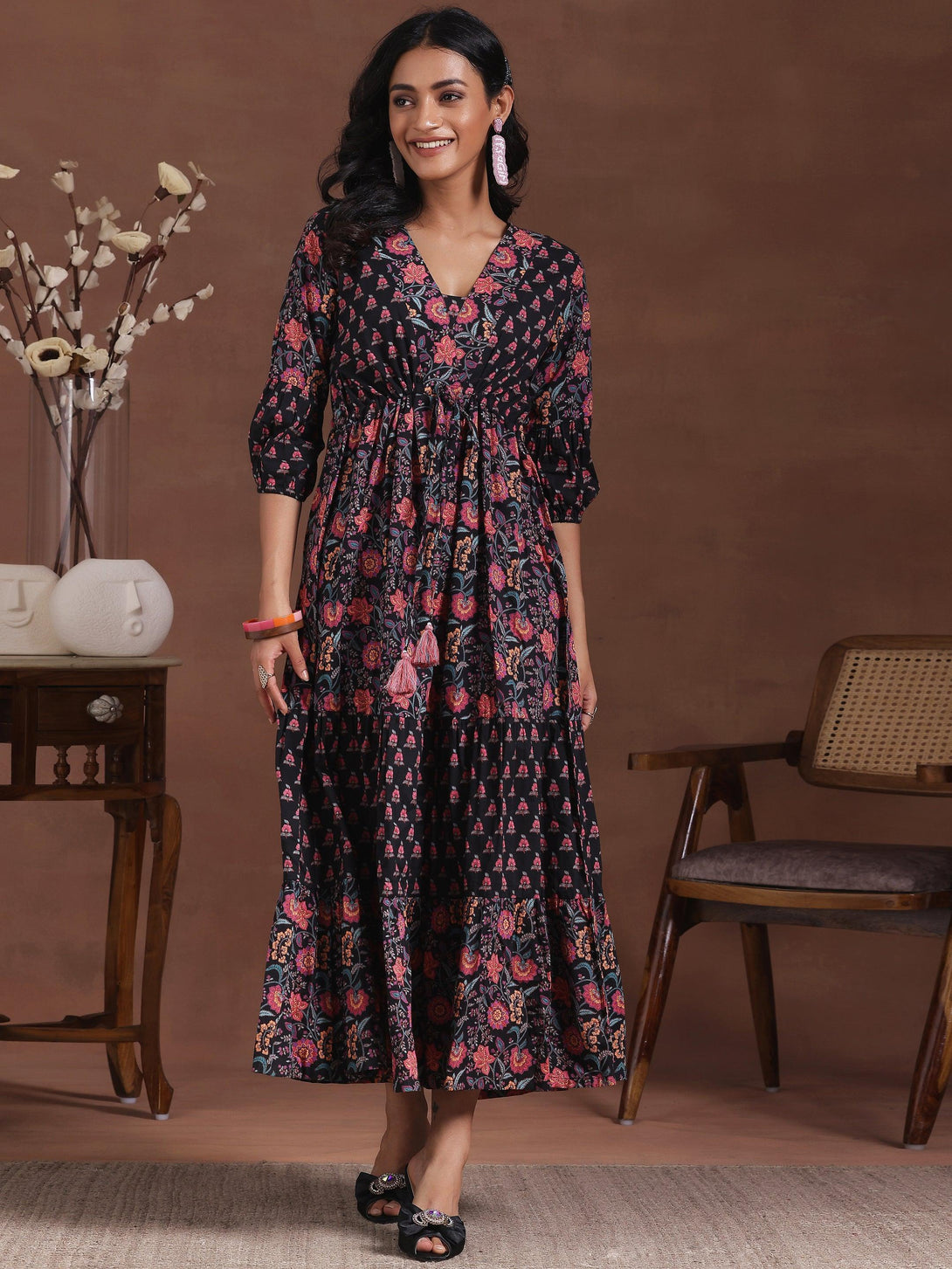 Black Printed Cotton A-Line Dress - Jashvi