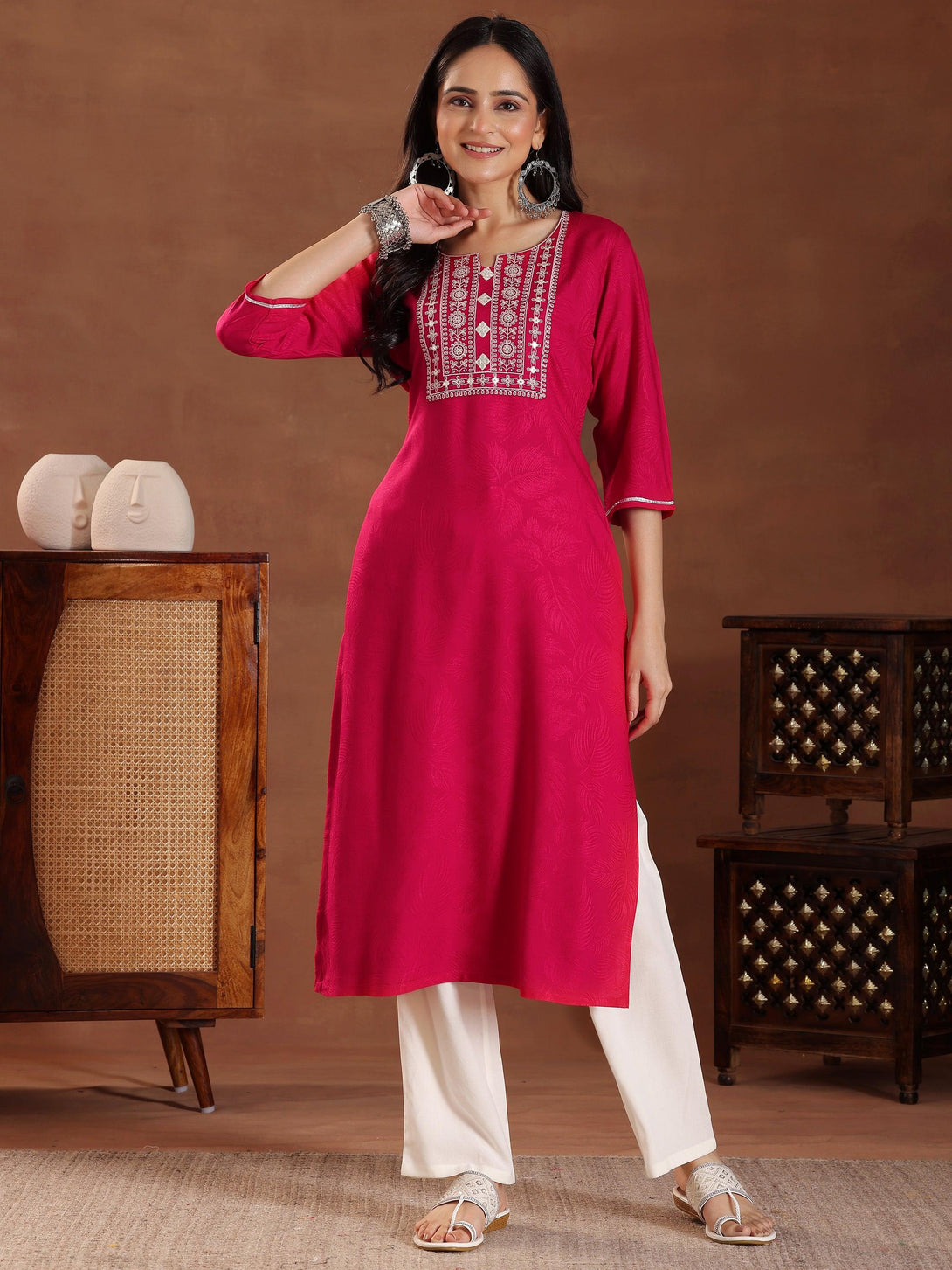 Pink Printed Rayon Straight Kurta - Jashvi