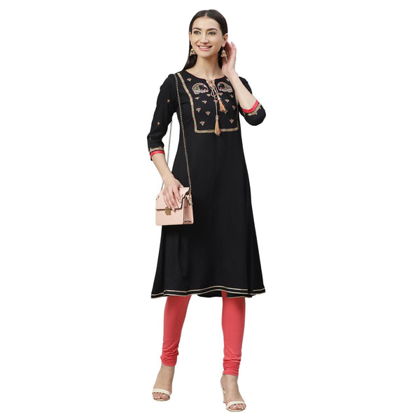 Women's Black Rayon Printed 3/4 Sleeve Round Neck Casual Kurta Only - Myshka