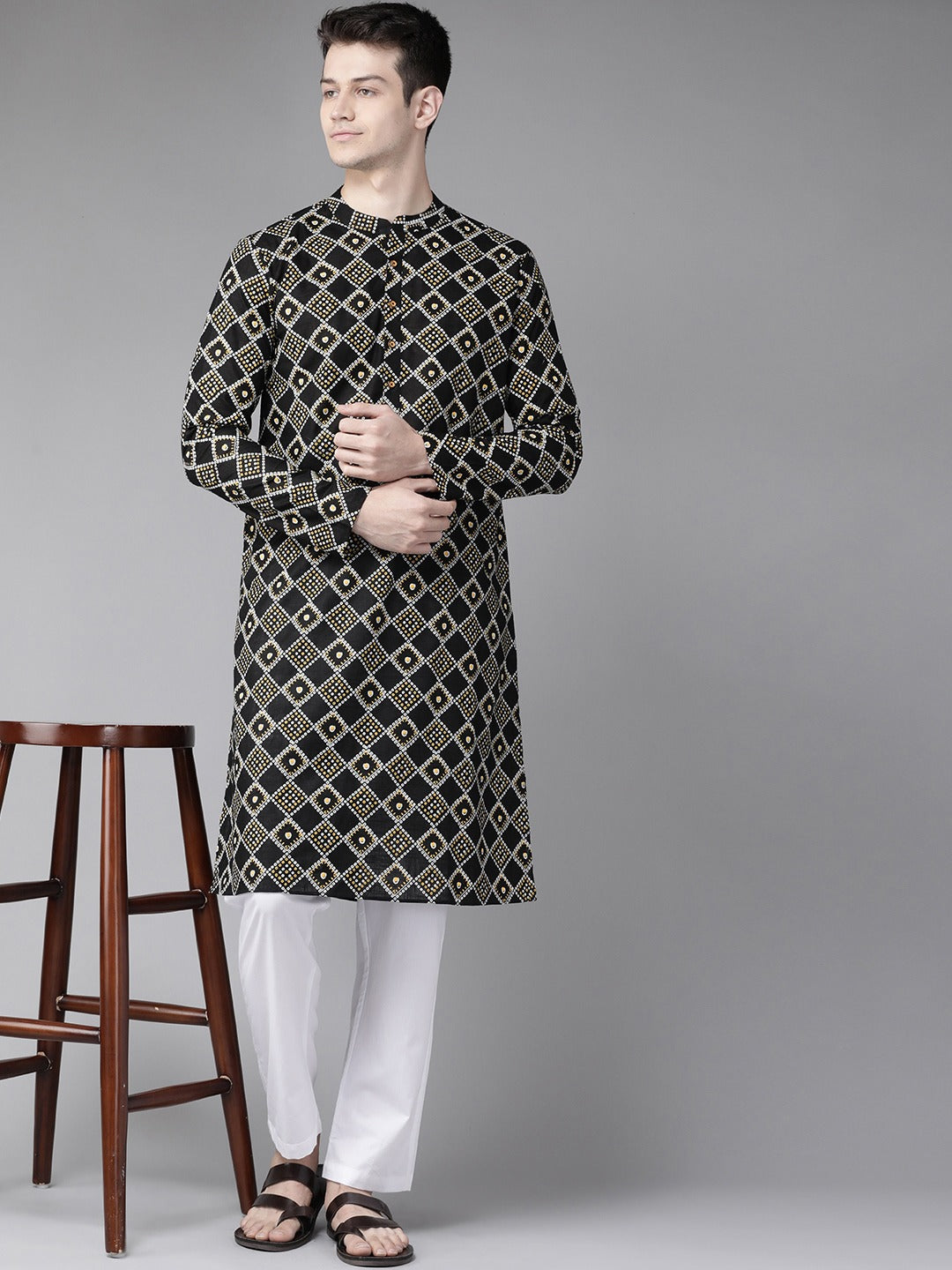 Men's Black & Gold Printed Straight Kurta - See Designs