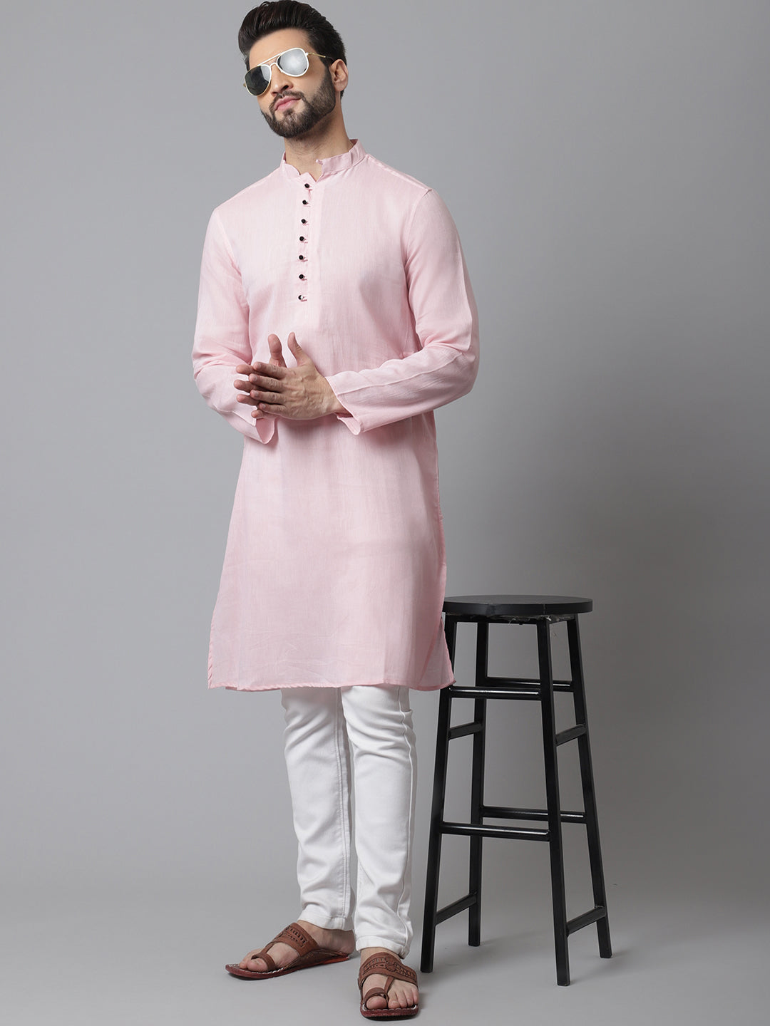 Men's Pink Pure Cotton Kurta With Band Collar - Even Apparels