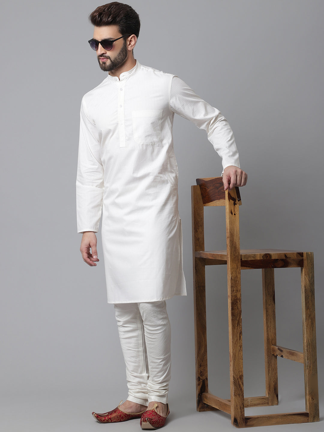 Men's White Pure Cotton Kurta With Band Collar - Even Apparels