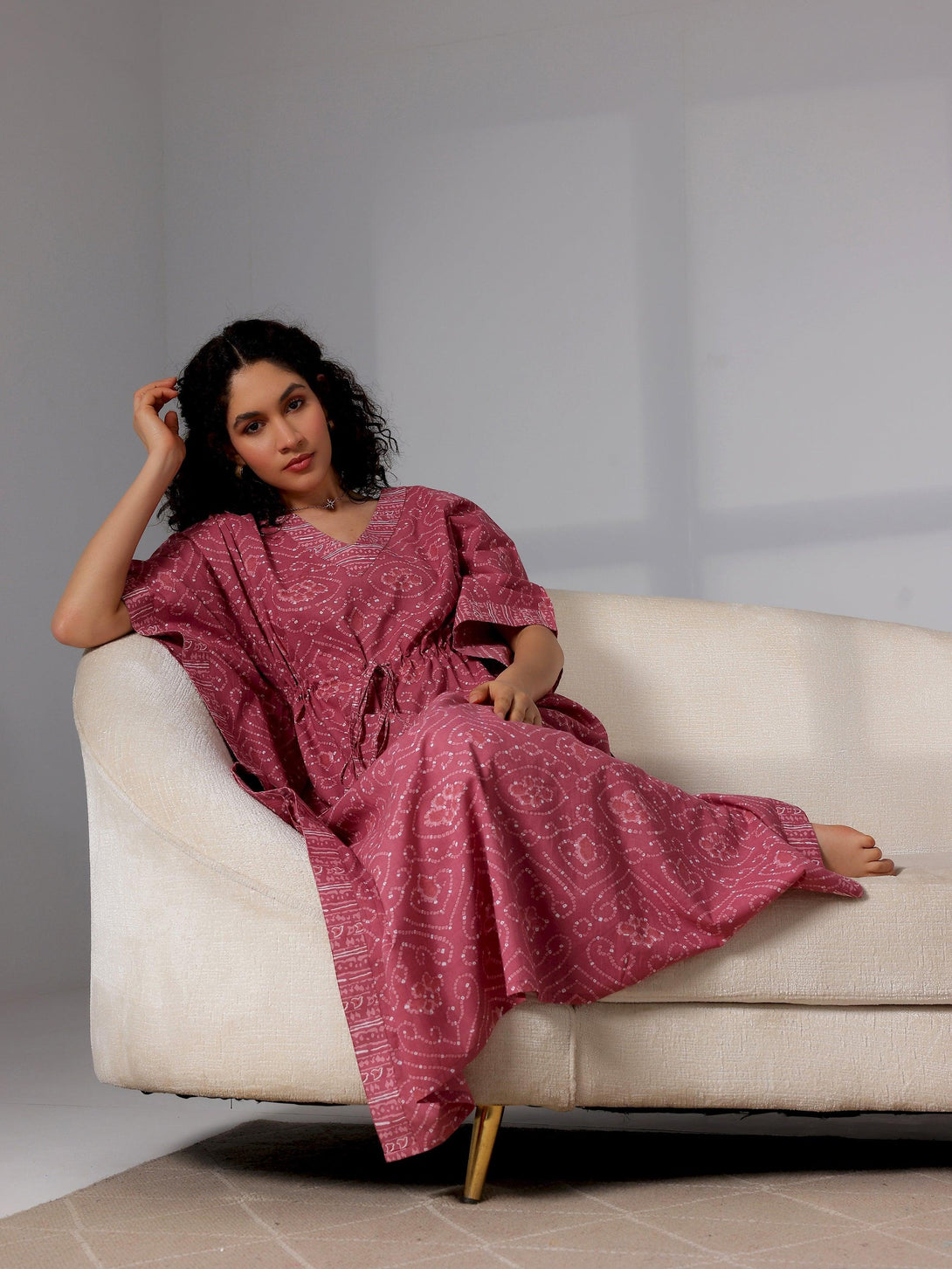 Mauve Printed Cotton Kaftan Night Dress - Jashvi