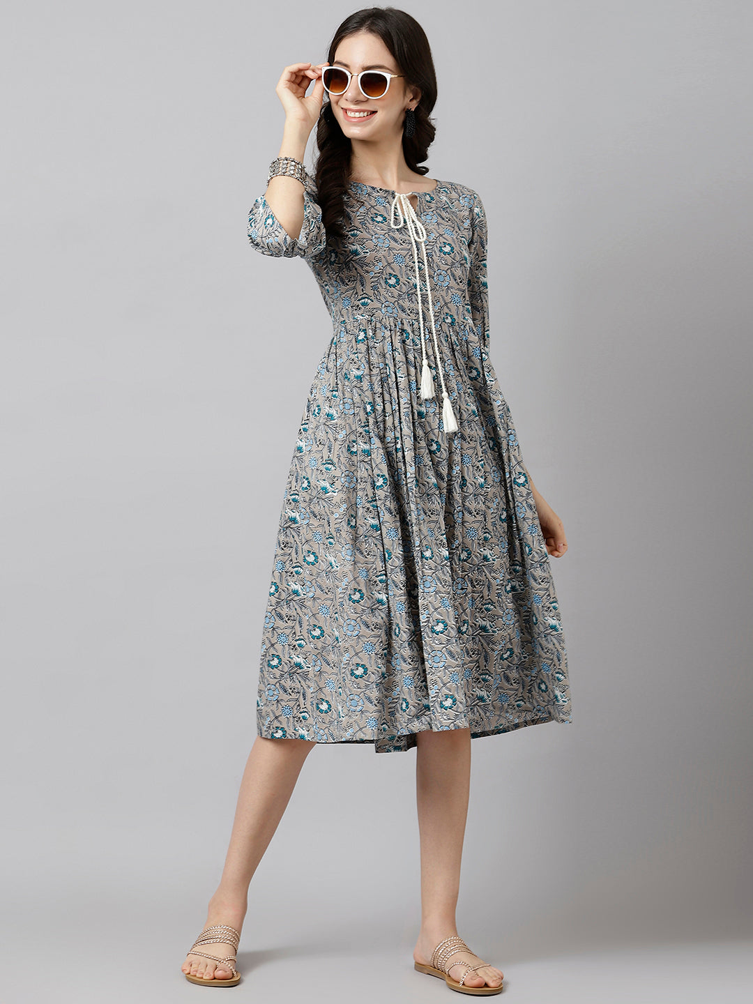 Women's Cotton Grey Printed A-Line Midi Dress - Deckedup