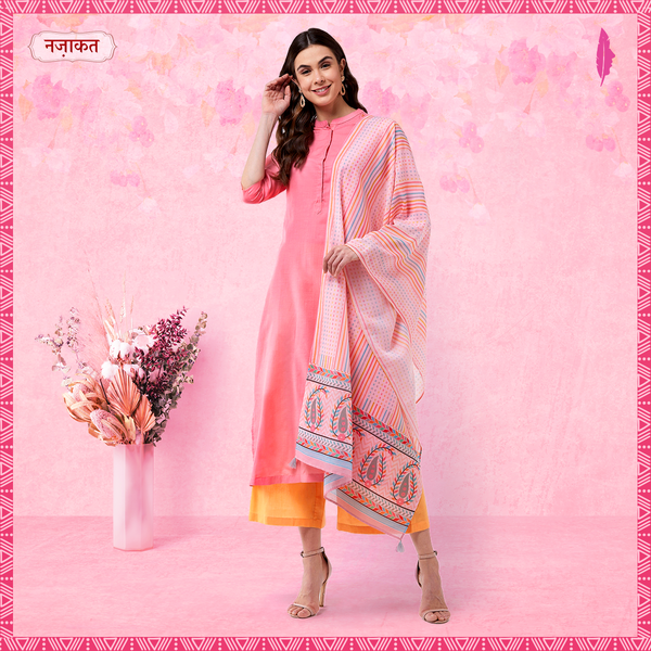 Women's Pink Embroidered Kurta With Pants And Digital Printed Dupatta - Pannkh