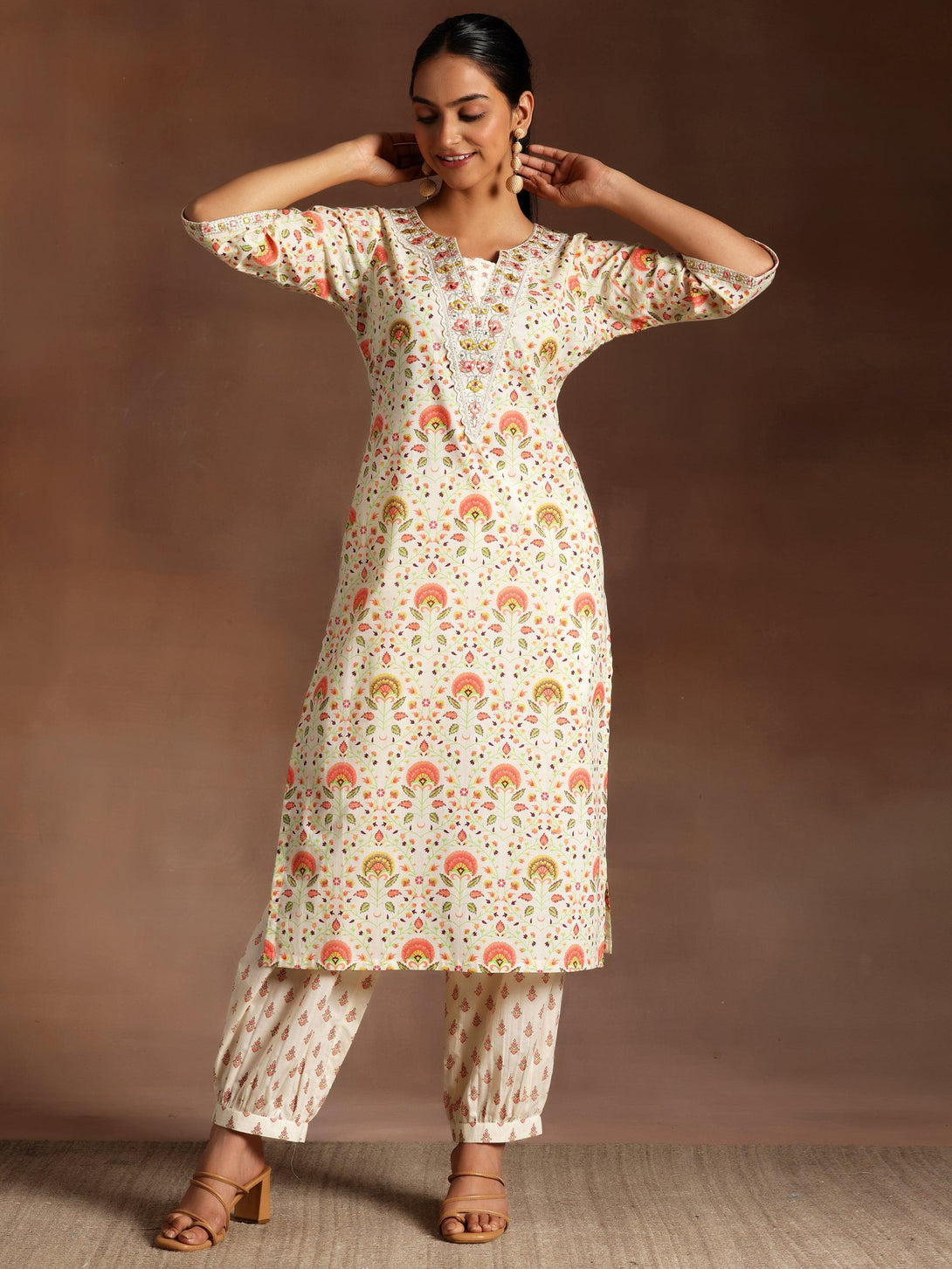 Off White Printed Cotton Straight Kurta Set - Jashvi