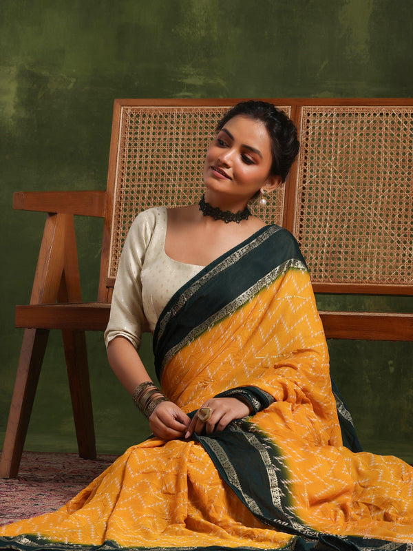 Mustard Printed Poly Georgette Saree With Unstitched Blouse Piece - Jashvi