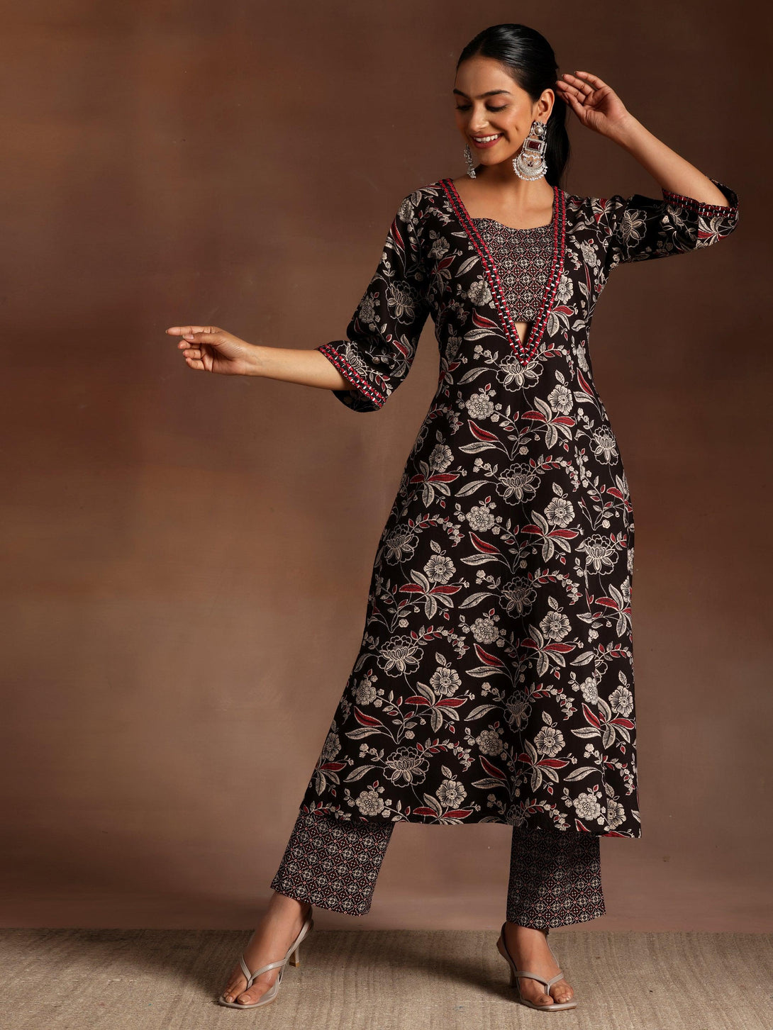 Black Printed Cotton A-Line Kurta With Palazzos - Jashvi