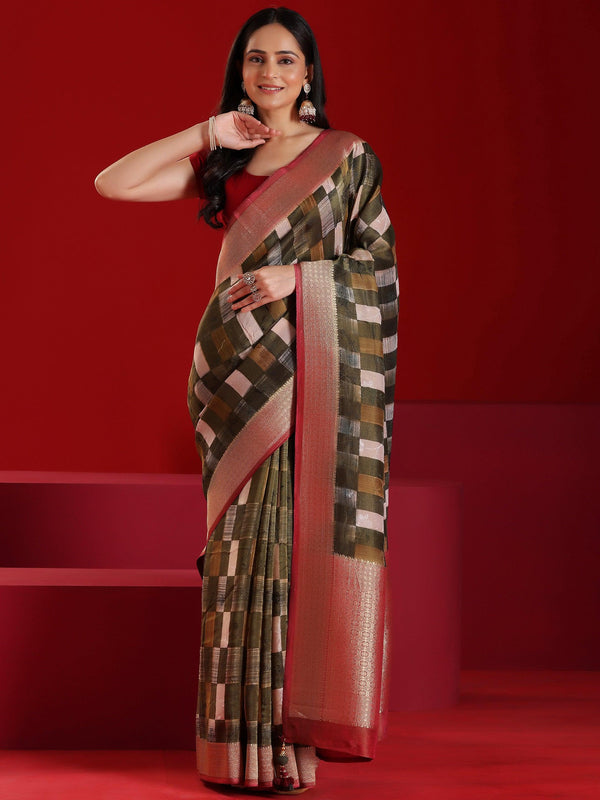 Jashvi Art Green Printed Satin Saree With Unstitched  Blouse Piece