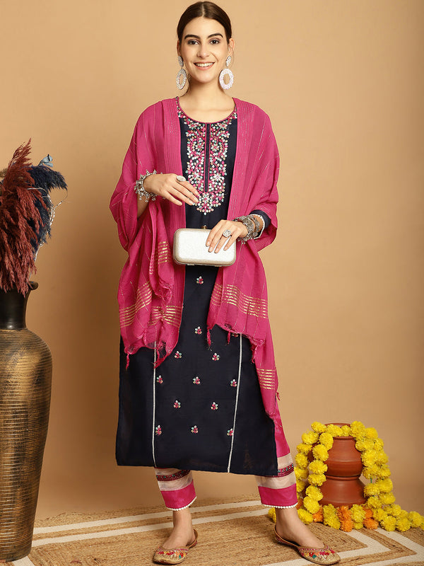 Women's Navy Blue Chanderi Trouser Dupatta Set - Taantav