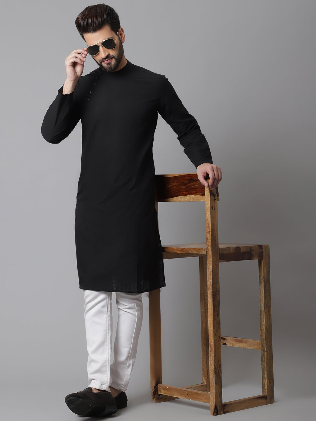 Men's Black Sherwani Kurta With Asymetrical Cut - Even Apparels