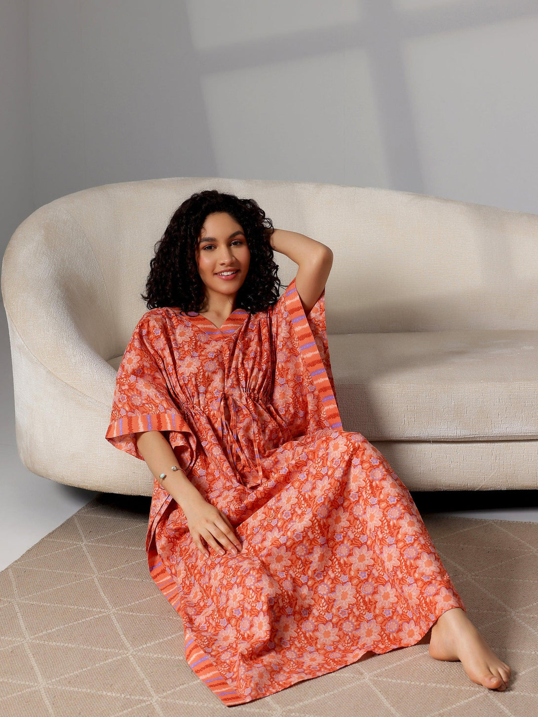 Orange Printed Cotton Kaftan Night Dress - Jashvi