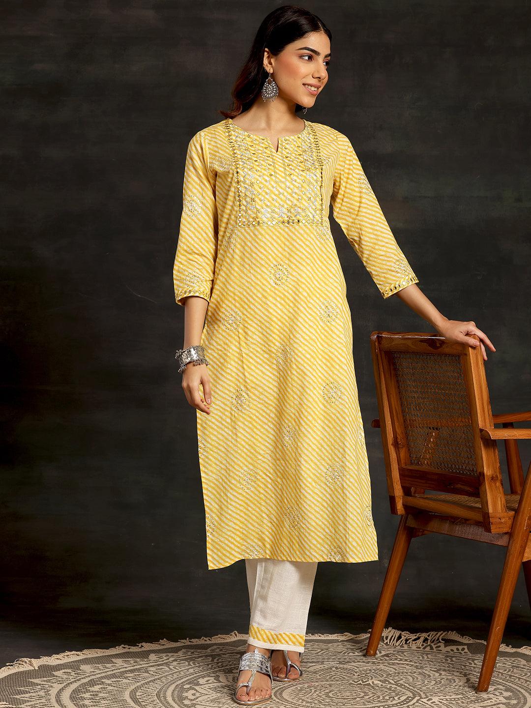 Yellow Printed Cotton Straight Kurta Set - Jashvi