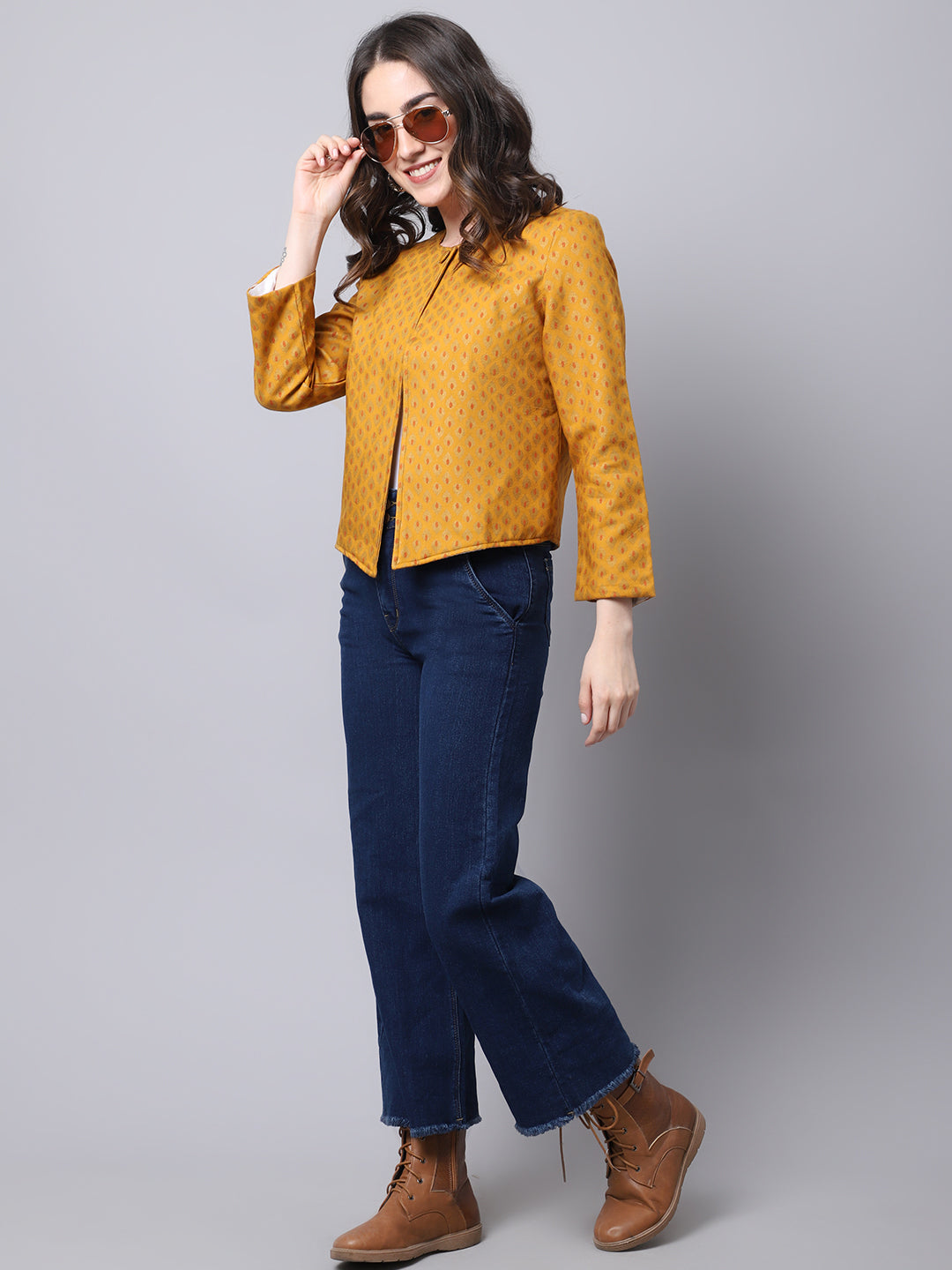 Women's Yellow Open Front Statement Jacket - Even Apparels