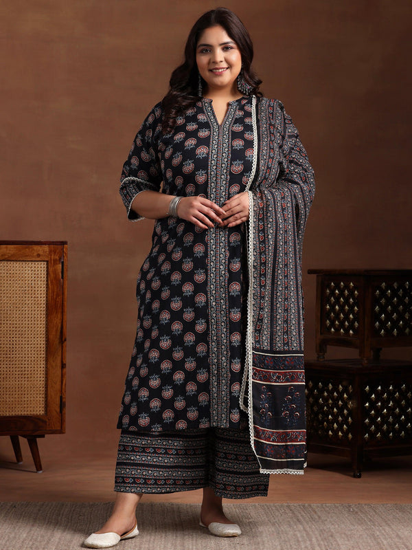 Plus Size Black Printed Cotton Straight Suit With Dupatta