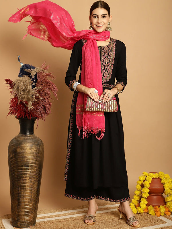 Women's Black Rayon Palazzo Dupatta Set - Taantav