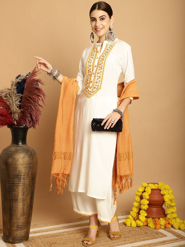 Women's Off White Rayon Palazzo Dupatta Set - Taantav