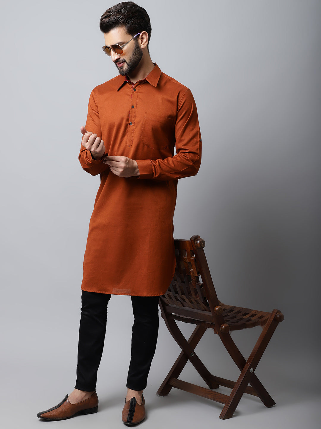 Men's Solid Kurta With Shirt Collar - Even Apparels