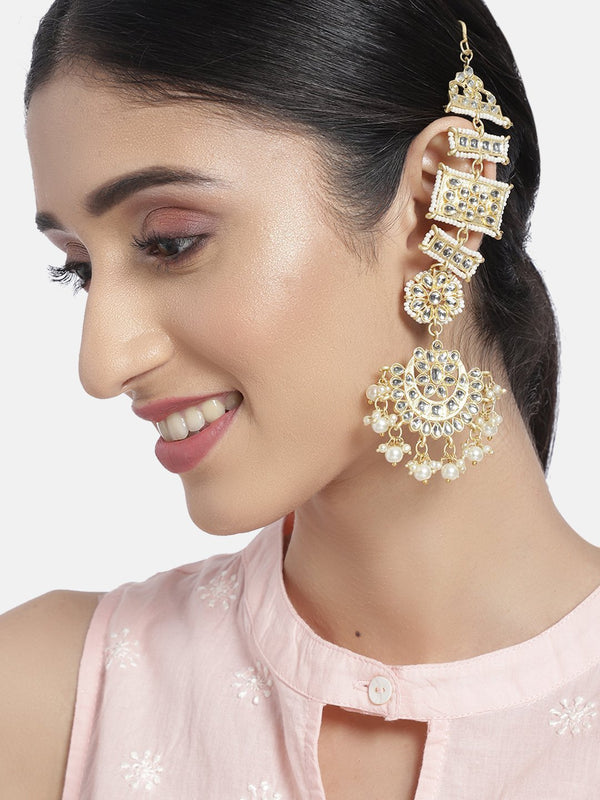 Women's Gold Plated Zinc Matte Finish Kundan And Pearl White Chandbali Earring - i jewels