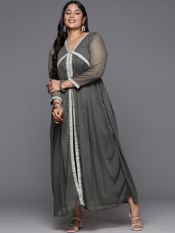 Grey Glitter Printed Plus Size High Slit Kurta with Trousers