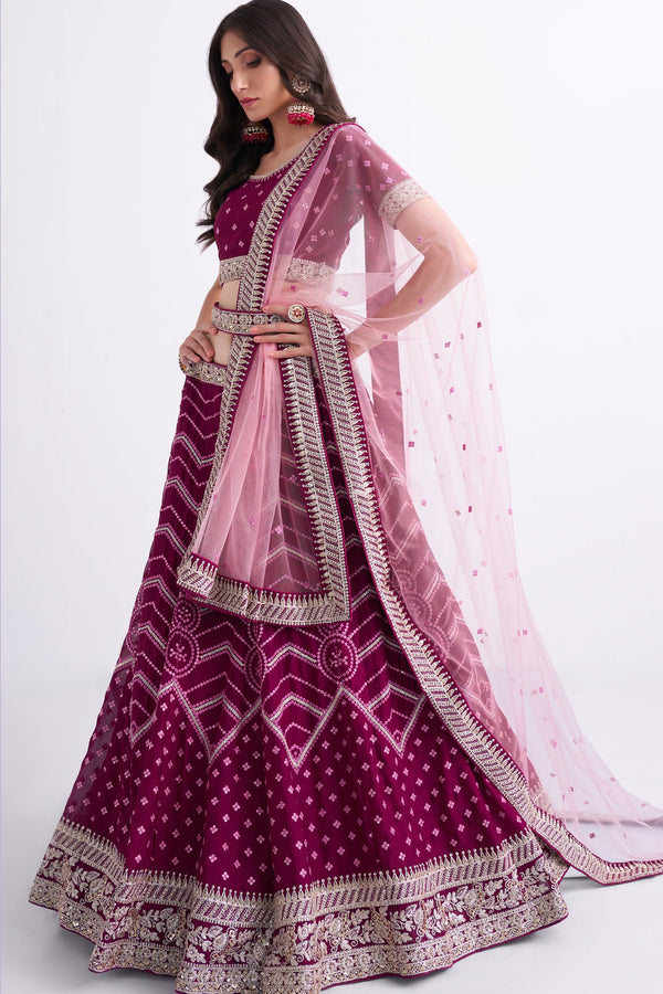 Women's Bridal Heritage Pink Heavy Embroidered Silky Georgette Designer Lehenga - CHITRAS