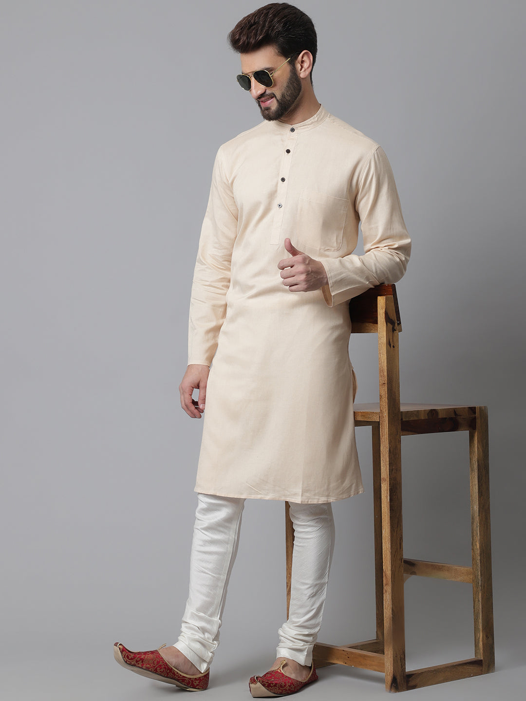 Men's Cream Pure Cotton Kurta With Band Collar - Even Apparels