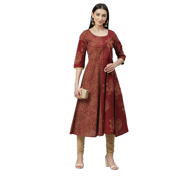 Women's Maroon Cotton Printed 3/4 Sleeve Round Neck Casual Anarkali Kurta Only - Myshka