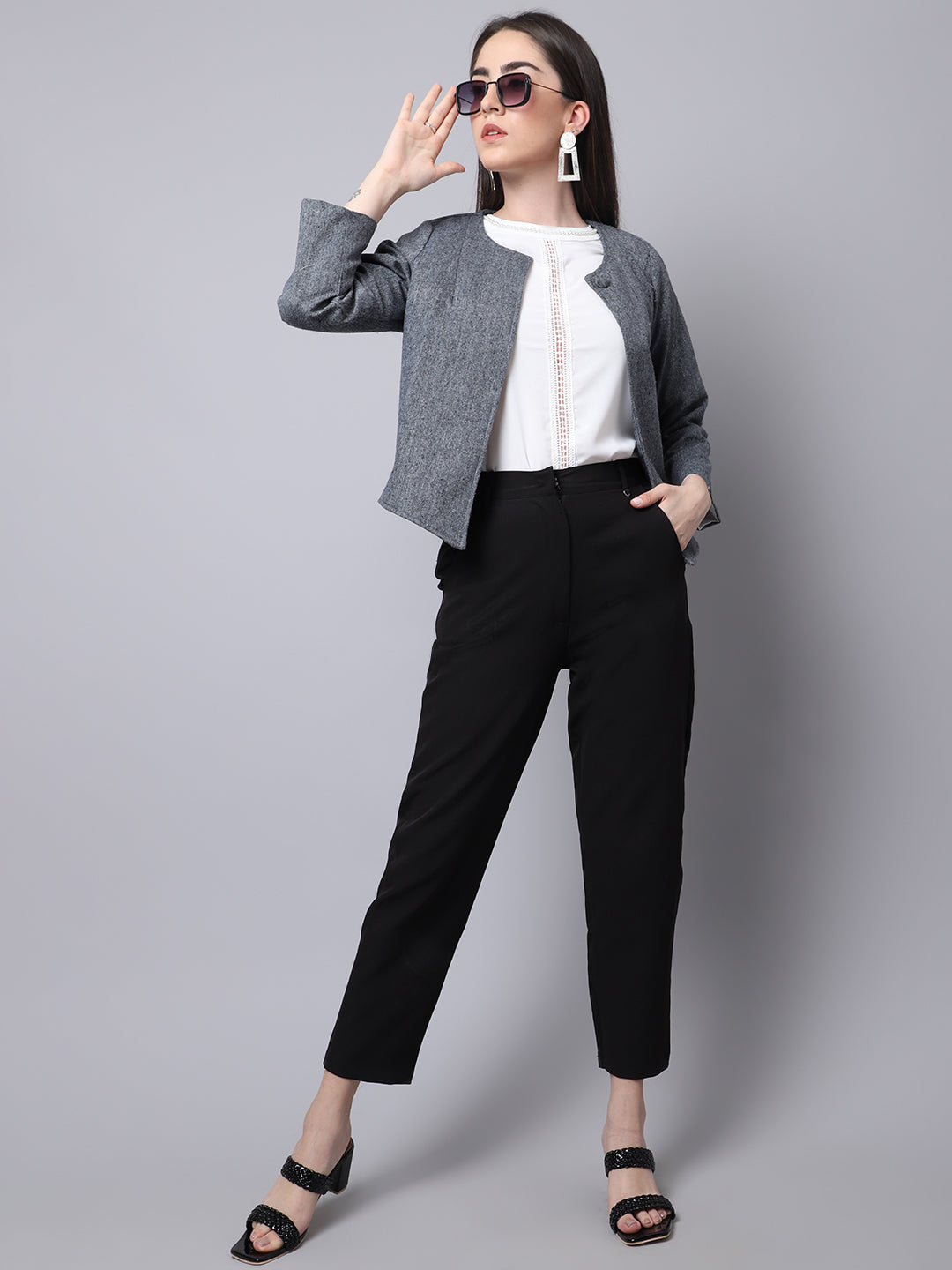 Women's Grey Open Front Statement Jacket - Even Apparels