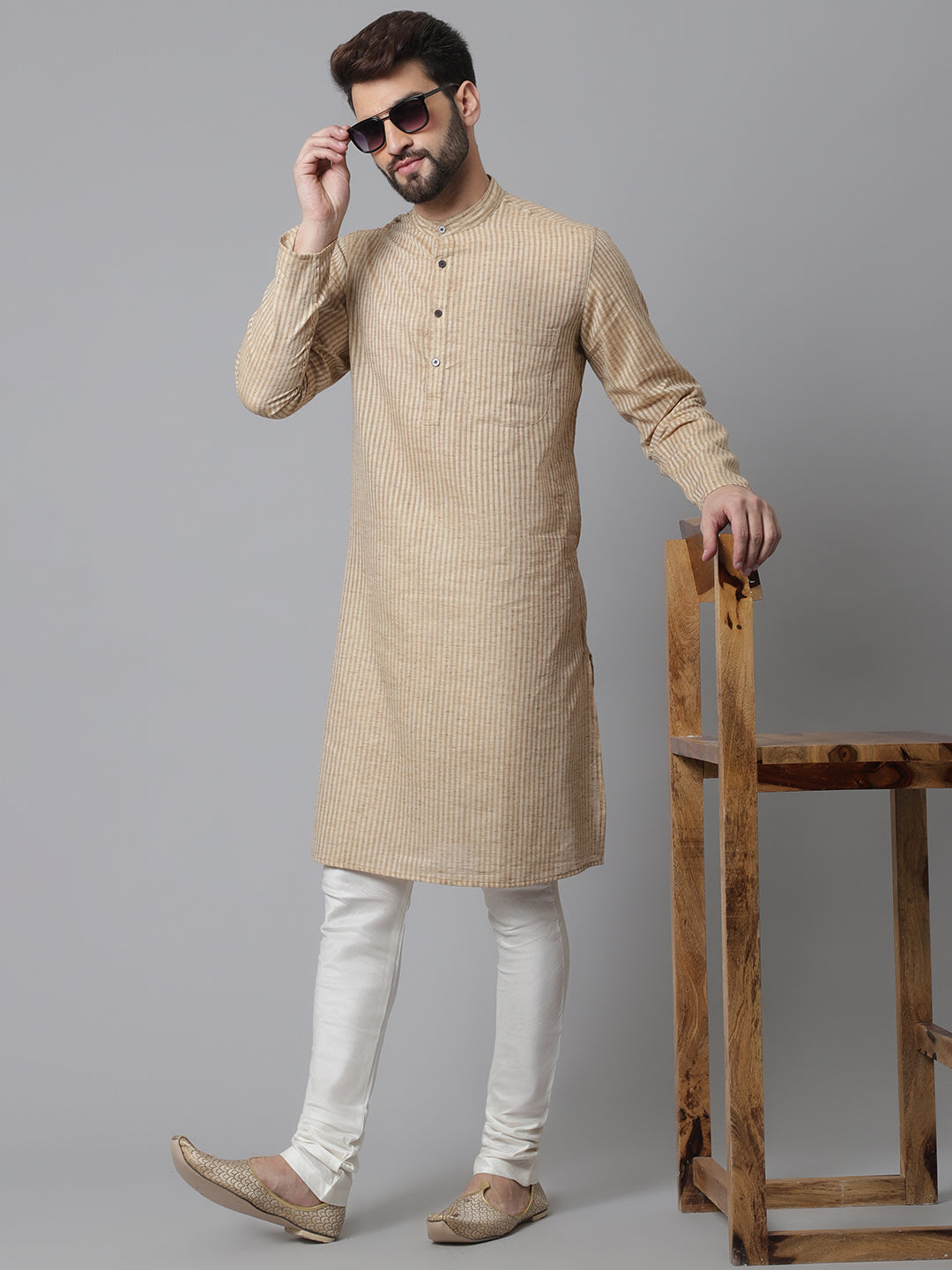 Men's Beige Solid Kurta With Band Collar - Even Apparels