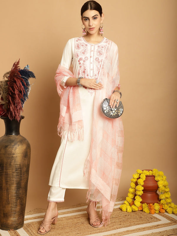 Women's Off White Rayon Trouser Dupatta Set - Taantav