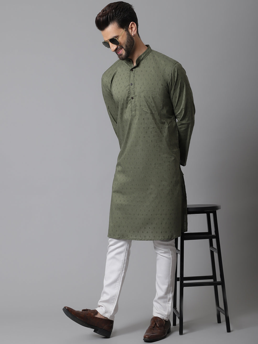 Men's Green Pure Cotton Kurta With Band Collar - Even Apparels