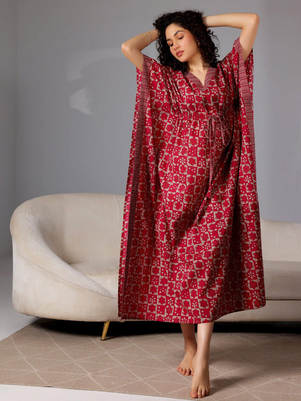 Magenta Printed Cotton Kaftan Night Dress - Jashvi