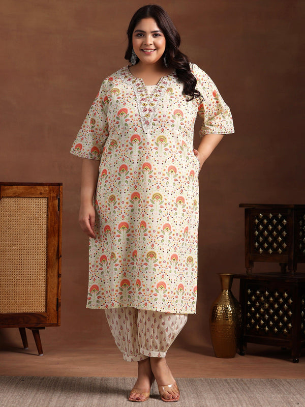 Plus Size Off White Printed Cotton Straight Kurta With Salwar - Jashvi