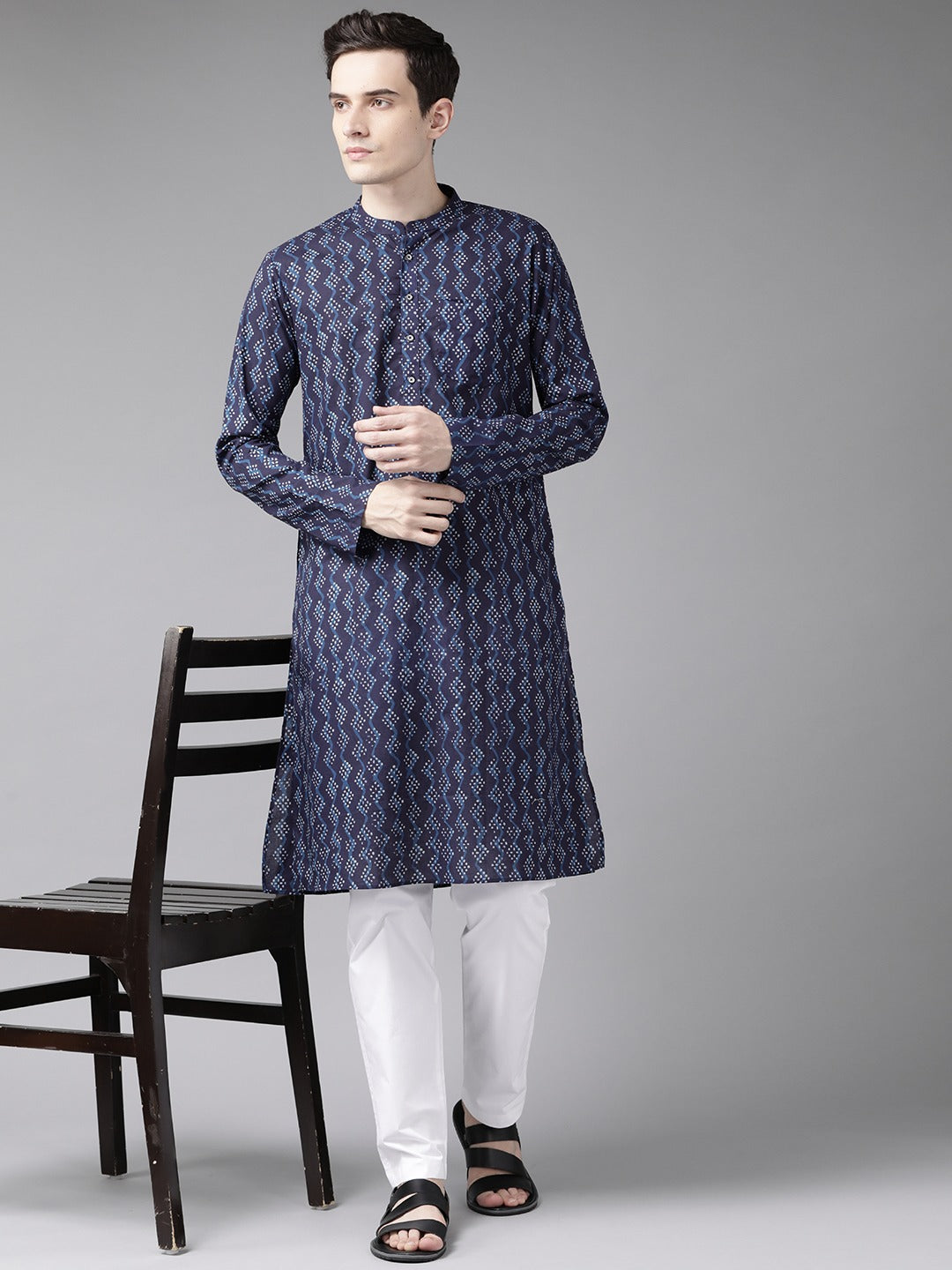 Men's Blue & White Printed Straight Kurta With Pyjama - See Designs