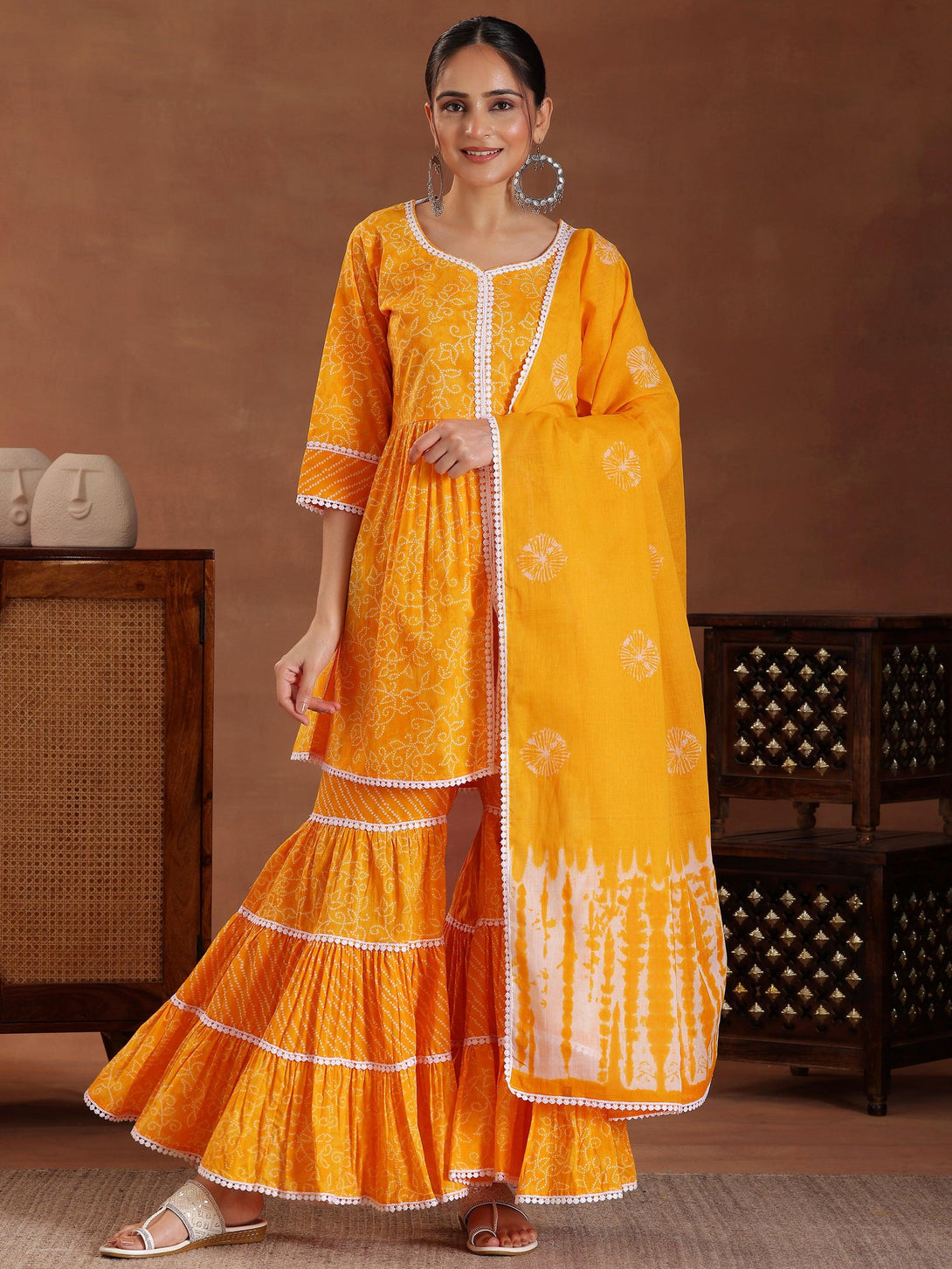 Mustard Printed Pure Cotton A-Line Kurti With Sharara & Dupatta - Jashvi