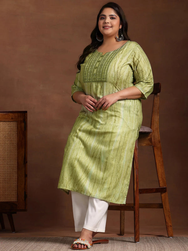 Plus Size Green Yoke Design Cotton Straight Kurta