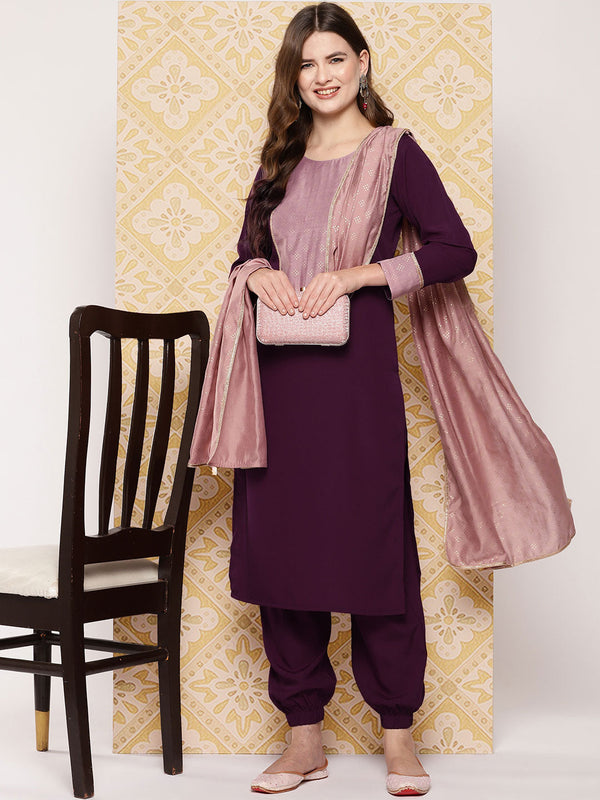 Burgundy Yoke Design Kurta with Trousers & With Dupatta