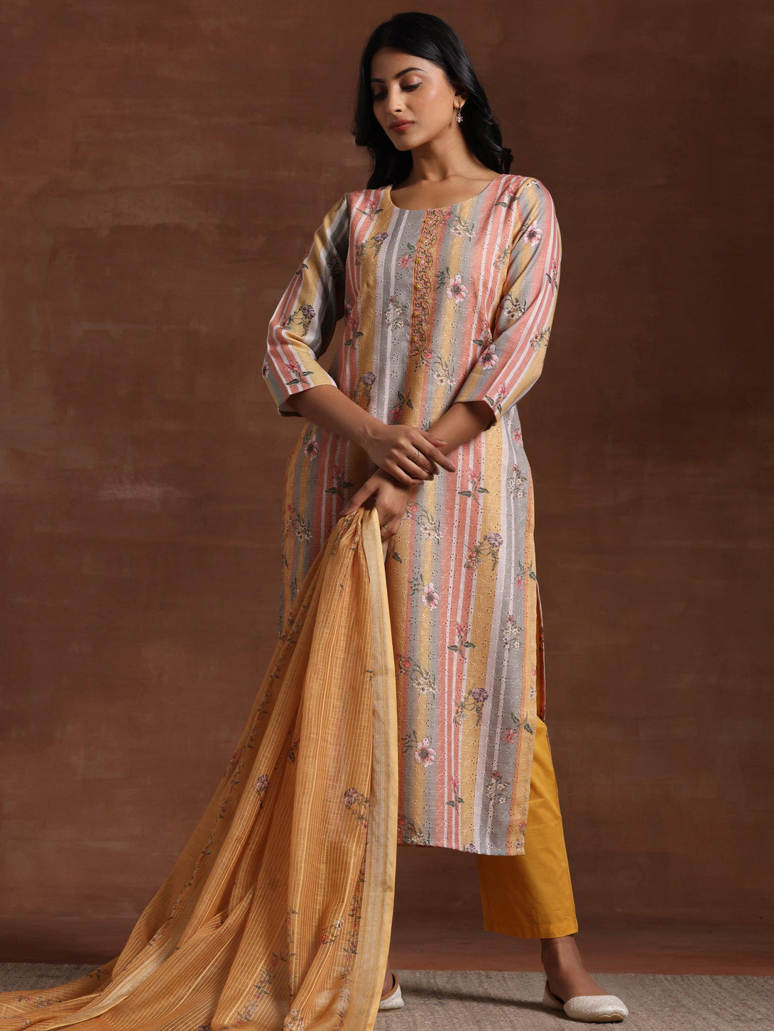 Mustard Striped Cotton Straight Suit With Dupatta - Jashvi