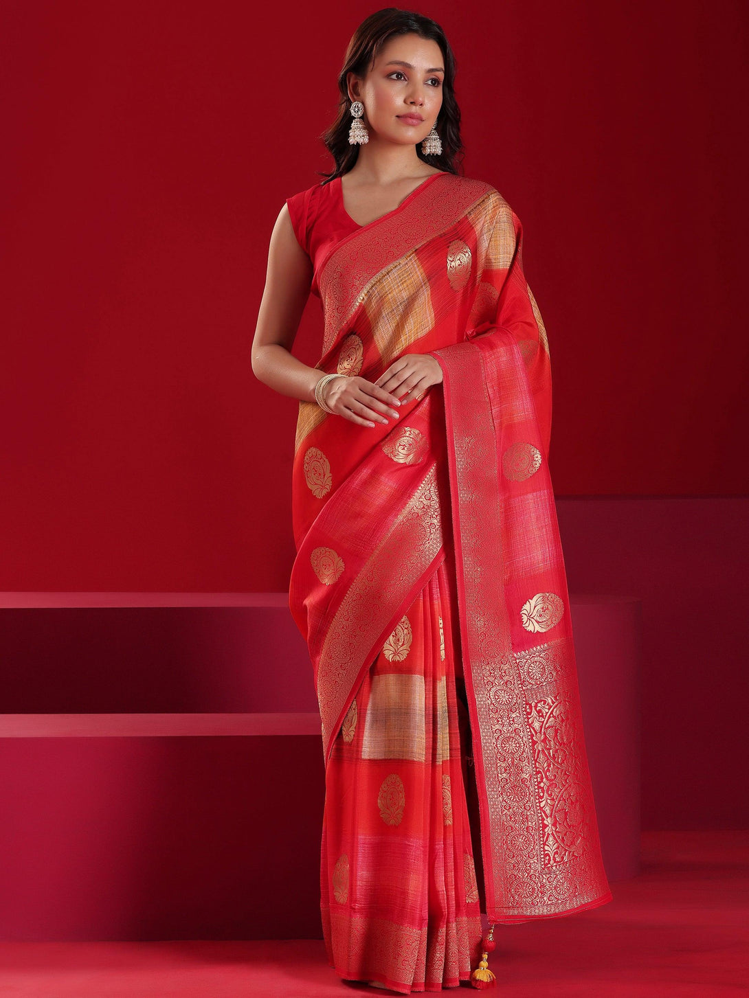 Jashvi Art Red Woven Design Satin Saree With Unstitched Blouse Piece - Jashvi