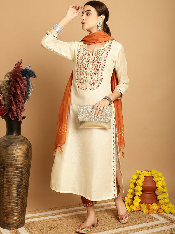 Women's Cream Chanderi Trouser Dupatta Set - Taantav