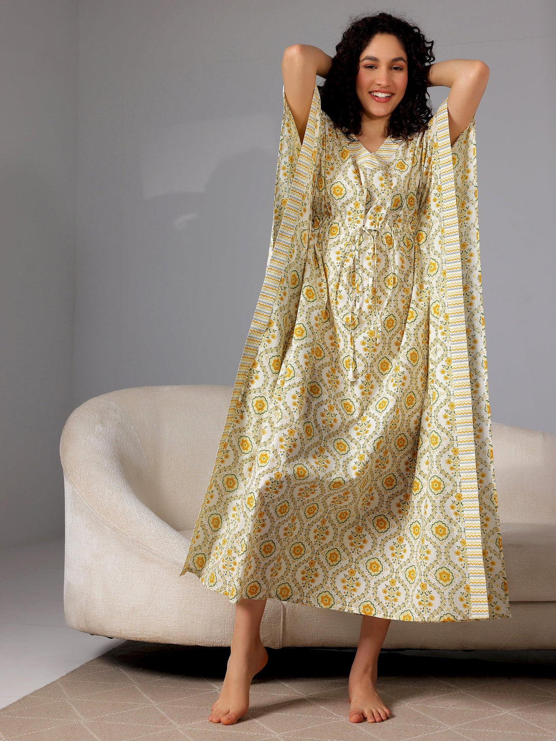 Yellow Printed Cotton Kaftan Night Dress - Jashvi