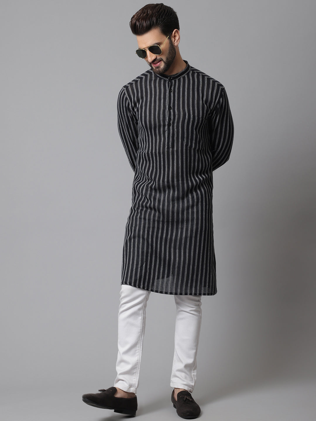 Men's Black Pure Cotton Kurta With Band Collar - Even Apparels